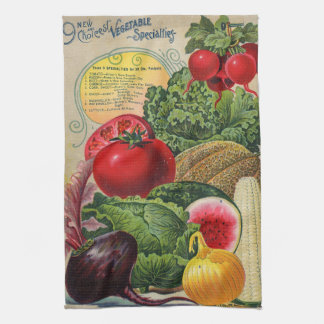 Kleurrijke groenten in oude zaadcatalogus theedoek