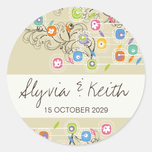 Kleurrijke Groovy Flower Garden Fun Wedding Sticke Ronde Sticker (Voorkant)