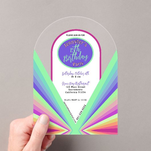 Kleurrijke groovy jaren 70 retro Verjaardagsboog Acryl Uitnodigingen (Insitu (Draagbaar))
