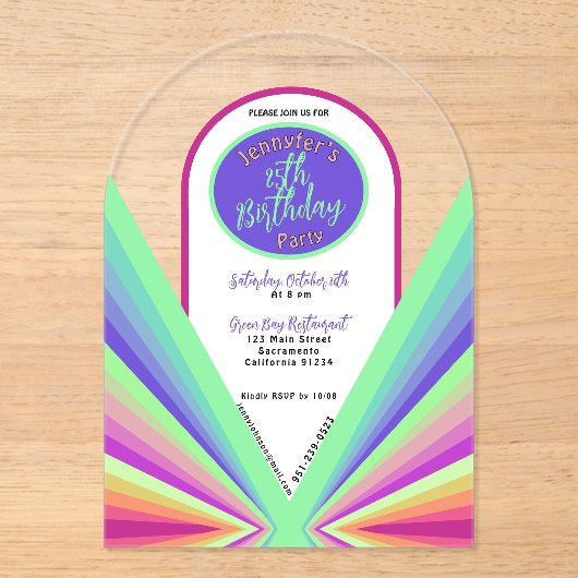 Kleurrijke groovy jaren 70 retro Verjaardagsboog Acryl Uitnodigingen (Voorkant)