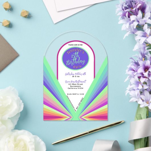 Kleurrijke groovy jaren 70 retro Verjaardagsboog Acryl Uitnodigingen (Insitu (Huwelijk))