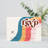 Kleurrijke Groovy Retro 70s Bruiloft QR Code RSVP Kaartje (Staand voorkant)