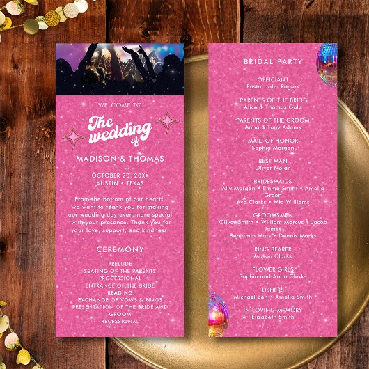 Kleurrijke Groovy Roze Glitter Disco Bal Huwelijk Programmakaart