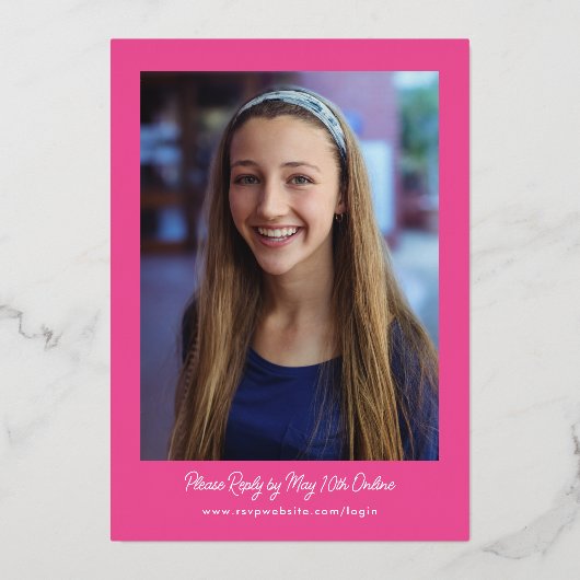 Kleurrijke Groovy Roze Paarse Marmerling Bat Mitsw Folie Uitnodiging (Achterkant)