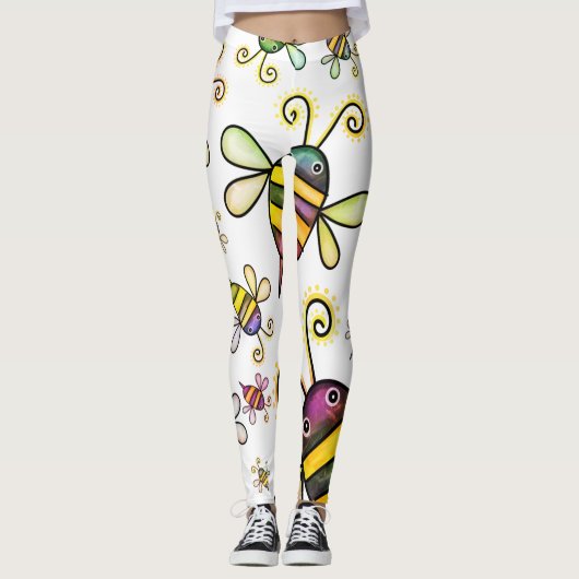 Kleurrijke Grote Bijen op Witte All-Over-Print Leg Leggings (Voorkant)