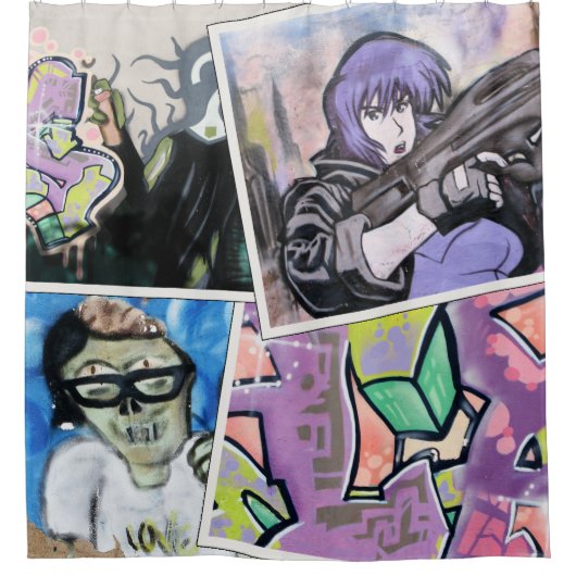Kleurrijke Grungy Street Art Collage Douchegordijn (Voorkant)