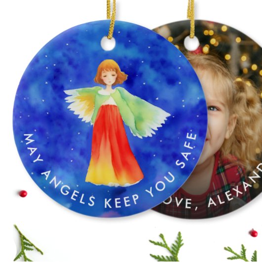 Kleurrijke Guardian Angel Waterverf en uw foto Keramisch Ornament