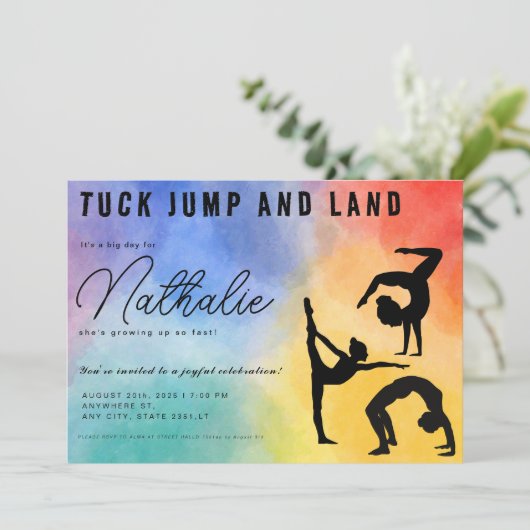 Kleurrijke Gymnastische meisje Verjaardag Party Ui Kaart (Staand voorkant)