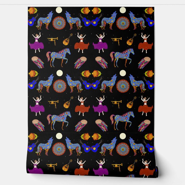 Kleurrijke Gypsy Caravan Folk Art Behang (Afrollen)