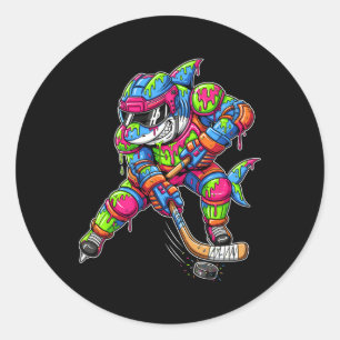 Kleurrijke Haaien Hockey Ijs Drip Speler Ronde Sticker