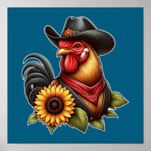 Kleurrijke Haan in Cowboyhoed met Zonnebloem  Poster