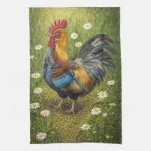 Kleurrijke Haan in Madeliefweide Keukenhanddoek