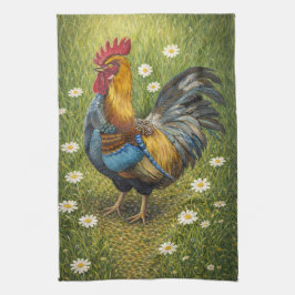Kleurrijke Haan in Madeliefweide Keukenhanddoek