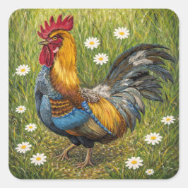 Kleurrijke Haan in Madeliefweide – Natuur Kunst St Vierkante Sticker