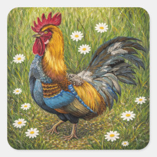 Kleurrijke Haan in Madeliefweide – Natuur Kunst St Vierkante Sticker