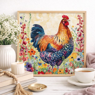 Kleurrijke Haan Kippen Boerderij Cottage Muur Perfect Poster