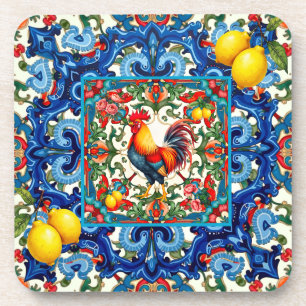 Kleurrijke haan, Mediterraan, mozaïek, citroen, Bier Onderzetter