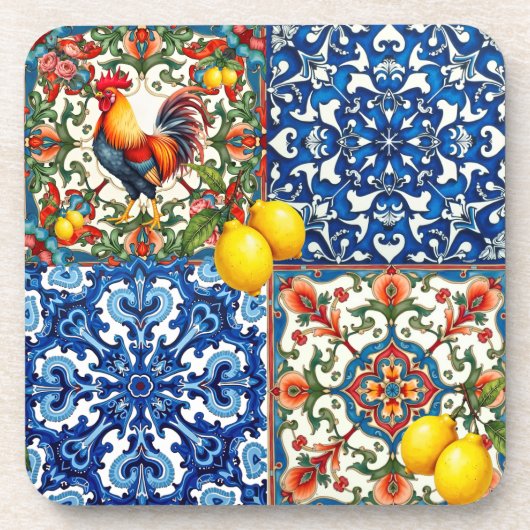 Kleurrijke haan, Mediterraan, mozaïek, citroen, Bier Onderzetter (Voorkant)