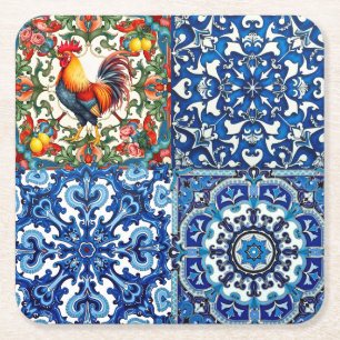 Kleurrijke haan, Mediterraan, mozaïek, citroen, Kartonnen Onderzetters