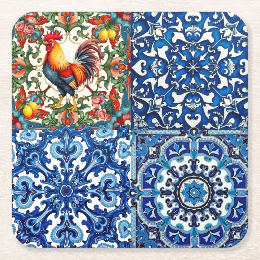 Kleurrijke haan, Mediterraan, mozaïek, citroen, Kartonnen Onderzetters (Voorkant)