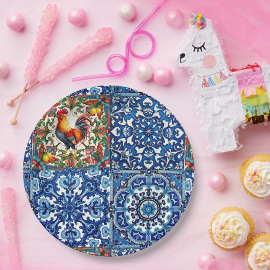 Kleurrijke haan, Mediterraan, mozaïek, citroen, Papieren Bordje (Feest)