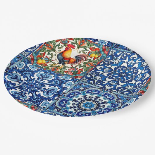 Kleurrijke haan, Mediterraan, mozaïek, citroen, Papieren Bordje (Gekanteld)