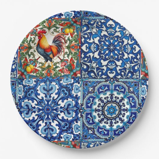 Kleurrijke haan, Mediterraan, mozaïek, citroen, Papieren Bordje (Voorkant)