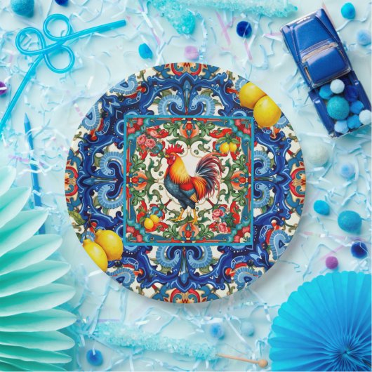 Kleurrijke haan, Mediterraan, mozaïek, citroen, Papieren Bordje (Feest)