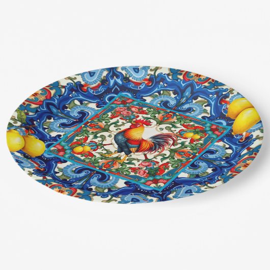 Kleurrijke haan, Mediterraan, mozaïek, citroen, Papieren Bordje (Gekanteld)