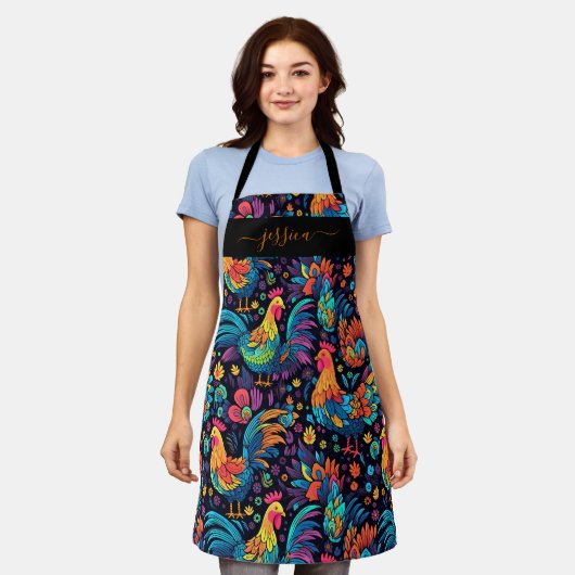 Kleurrijke haan patroon script naam schort (Gedragen)