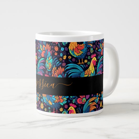 Kleurrijke haan patroon scriptnaam grote koffiekop (Voorkant rechts)