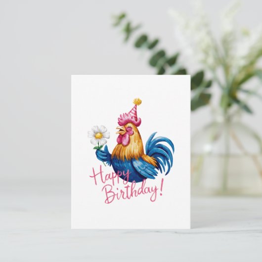 Kleurrijke Haan Verjaardag Ontwerp met Daisy Feestdagenkaart (Staand voorkant)