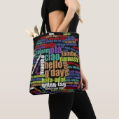 Kleurrijke Hallo in veel talen Word Cloud Tote Bag (Dichtbij)
