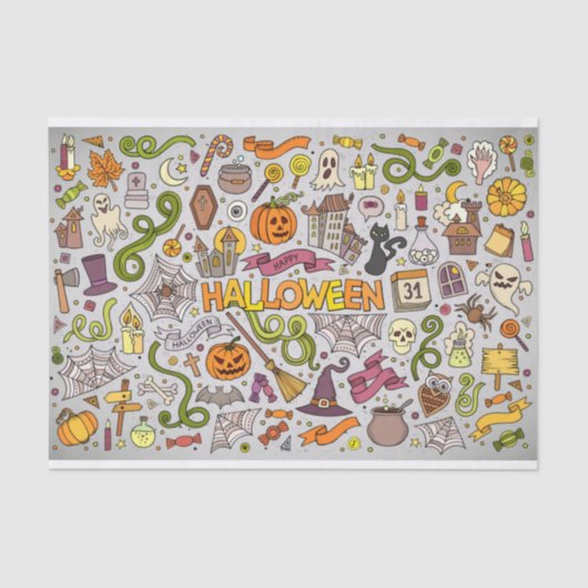 Kleurrijke Halloween Doodles Objecten Patroon Tissuepapier (Voorkant)