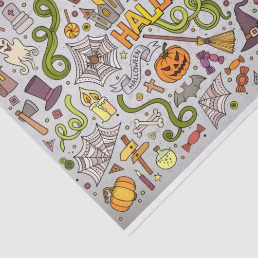 Kleurrijke Halloween Doodles Objecten Patroon Tissuepapier (Detail)