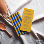 Kleurrijke Hand Geschreven Italiaanse Pinstripes B Menu<br><div class="desc">Een kleurrijk retro funky modern blauw en geel geschreven menu. En hand getekende gele en blauwe strepen op de rug. Perfect en passend bij de hele suite. huwelijksdiner menu. Wat een chique sjabloon ontwerp van boho  gele achtergrond en blauwe typografie.</div>