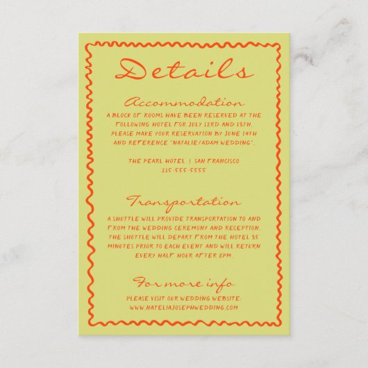 Kleurrijke hand geschreven pinstripes bruiloft det informatiekaartje (Voorkant)