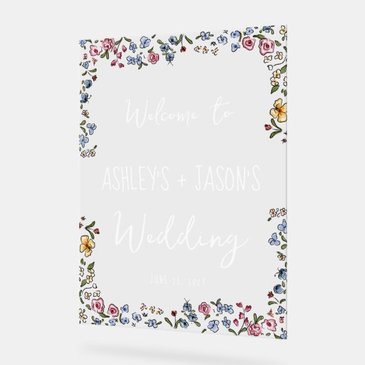 Kleurrijke hand getrokken bloemen Bruiloft welkom  Acryl Bord (Hoek)