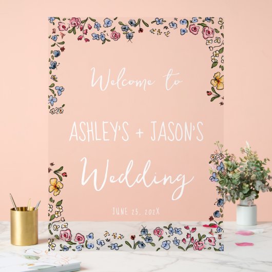 Kleurrijke hand getrokken bloemen Bruiloft welkom Acryl Bord (Huwelijk)