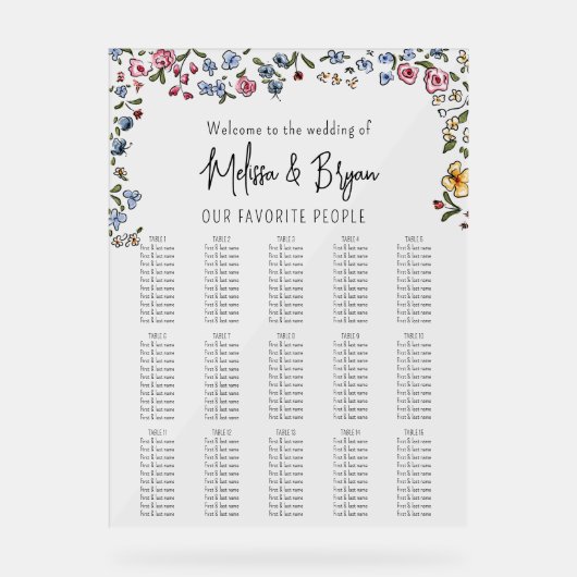 Kleurrijke hand getrokken bloemen Bruiloft zitgraf Acryl Bord (Voorkant)