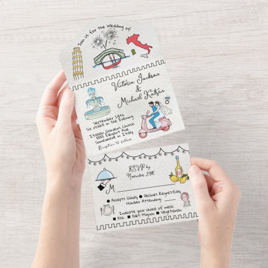 Kleurrijke Hand Getrokken funky Italië doodle brui All In One Uitnodiging (Afscheurbaar)