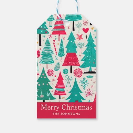 Kleurrijke Hand Getrokken Kerstboom Illustratie Cadeaulabel (Voorkant)