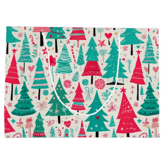 Kleurrijke hand getrokken kerstboom patroon groot cadeauzakje (Achterkant)