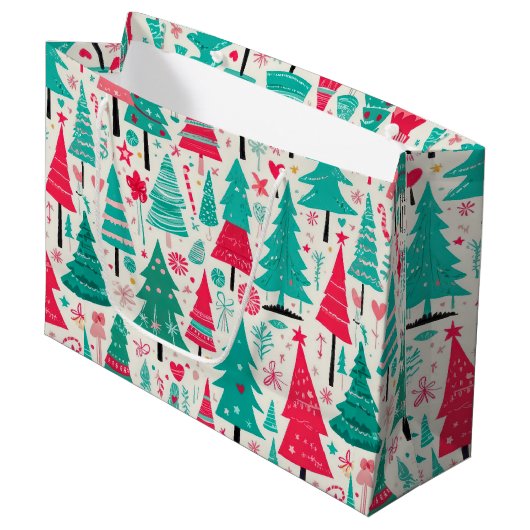 Kleurrijke hand getrokken kerstboom patroon groot cadeauzakje (Voorkant Gekanteld)
