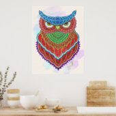 Kleurrijke handgeschilderde uil poster (Keuken)