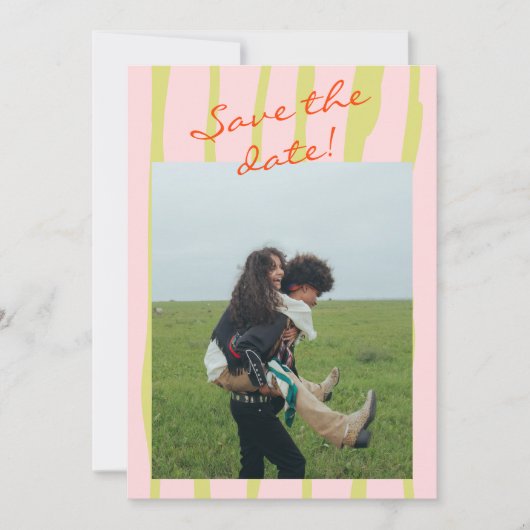 Kleurrijke Handgeschreven Retro Pinstripe Foto Bru Save The Date (Voorkant)