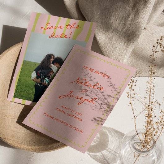 Kleurrijke Handgeschreven Retro Pinstripe Foto Bru Save The Date