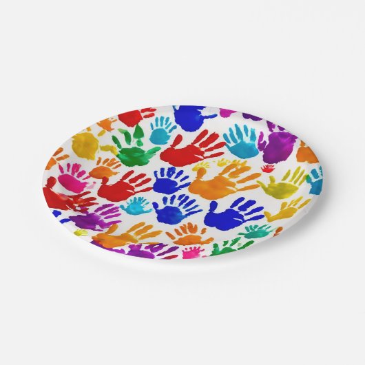 Kleurrijke HandPrint Papieren Bordje (Gekanteld)