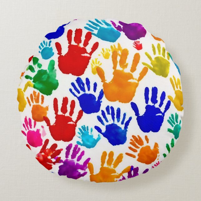 Kleurrijke HandPrint Rond Kussen (Voorkant)