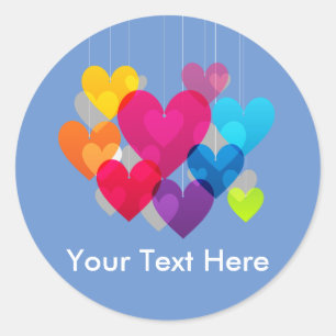 Kleurrijke hangende harten gepersonaliseerd ronde sticker